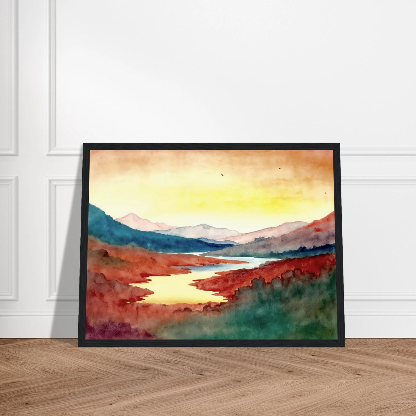 A luminous river winds through crimson hills and distant mountains beneath a glowing sky washed with warm light.