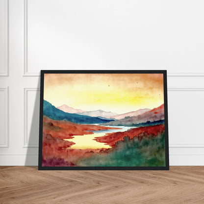 A luminous river winds through crimson hills and distant mountains beneath a glowing sky washed with warm light.