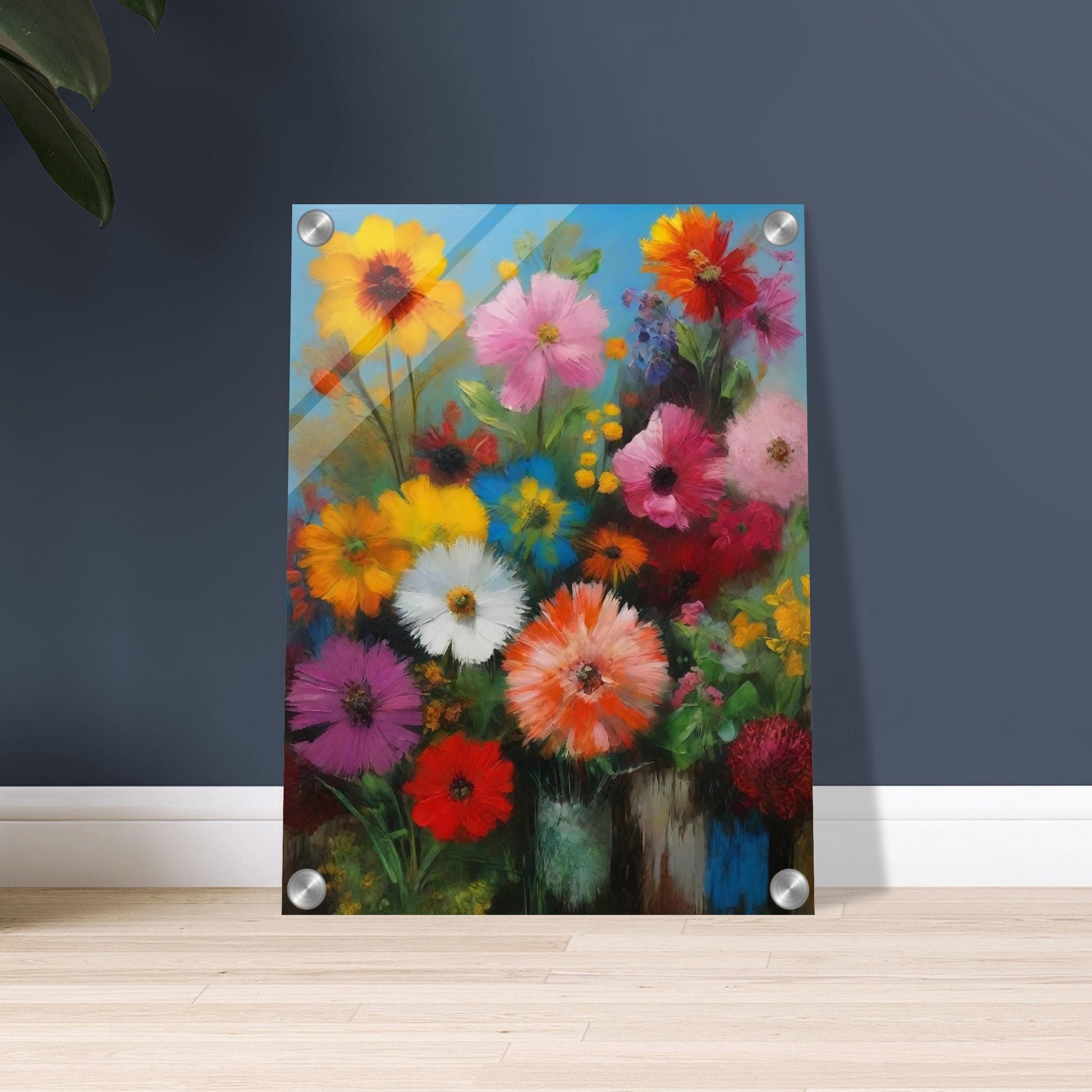 A colorful bouquet of various flowers in full bloom set against a bright blue background, showcasing a mix of vibrant hues.