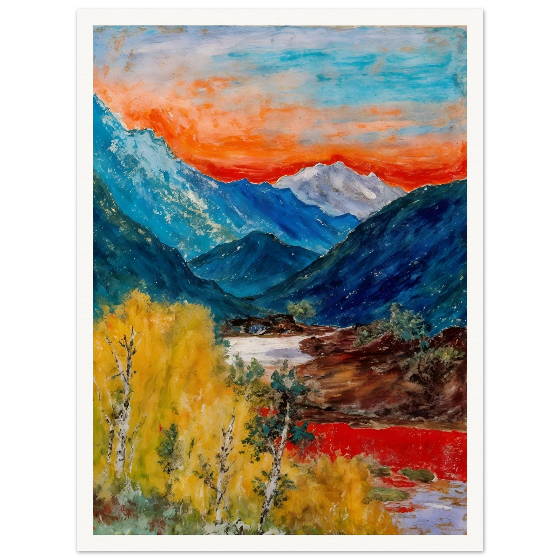 Snow-capped peaks rise above deep blue valleys and golden trees, beneath a fiery sunset glowing across the horizon.