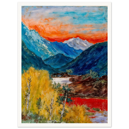Snow-capped peaks rise above deep blue valleys and golden trees, beneath a fiery sunset glowing across the horizon.