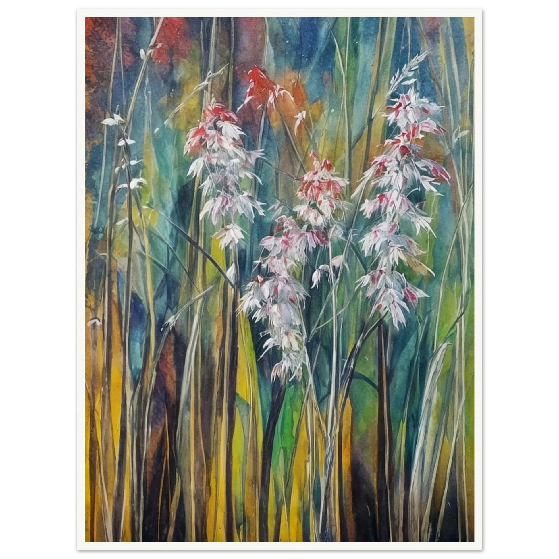 Delicate white and red wildflowers rise among tall, slender grasses, set against a softly textured background of green, blue, and golden hues.