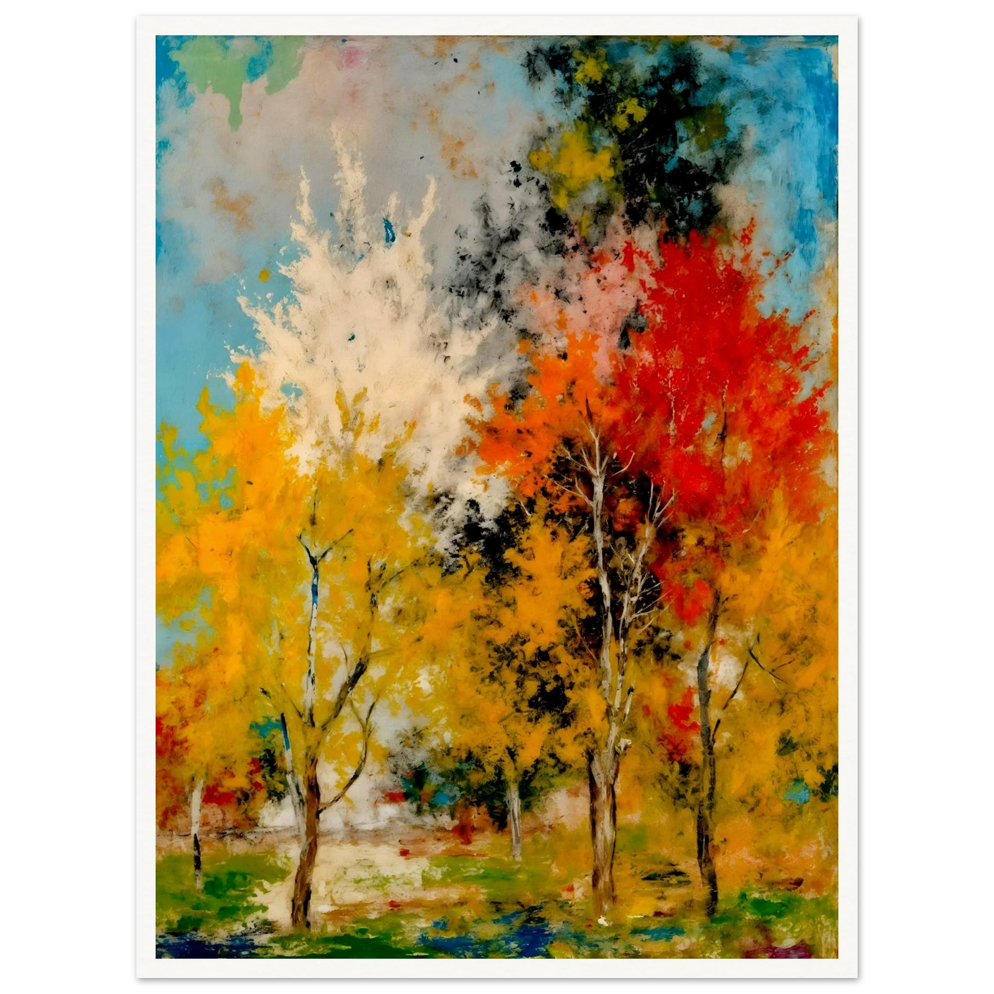 A vivid woodland painting of golden and crimson autumn trees beneath bright blue skies, bursting with expressive seasonal color.
