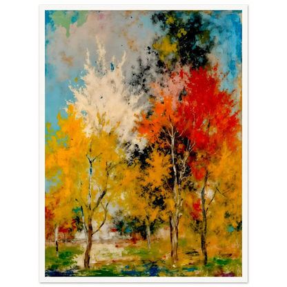 A vivid woodland painting of golden and crimson autumn trees beneath bright blue skies, bursting with expressive seasonal color.