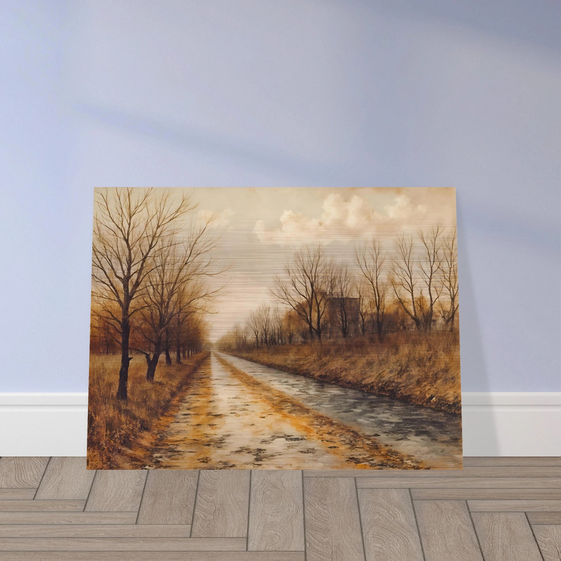 A tranquil autumn road lined with bare trees and golden grass under soft clouds, evoking stillness and quiet reflection.
