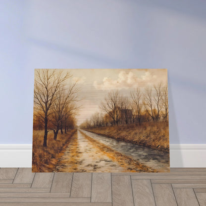 A tranquil autumn road lined with bare trees and golden grass under soft clouds, evoking stillness and quiet reflection.