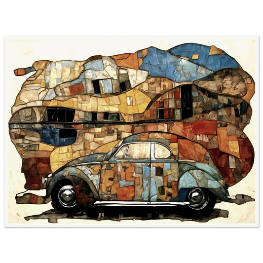 A colorful mosaic-style painting of a classic blue and orange beetle car, set against an abstract, fragmented background of earthy tones.