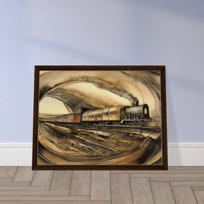 "A detailed painting of a steam engine train traveling through a tunnel, with a sepia-toned landscape surrounding the scene, evoking a sense of vintage travel."