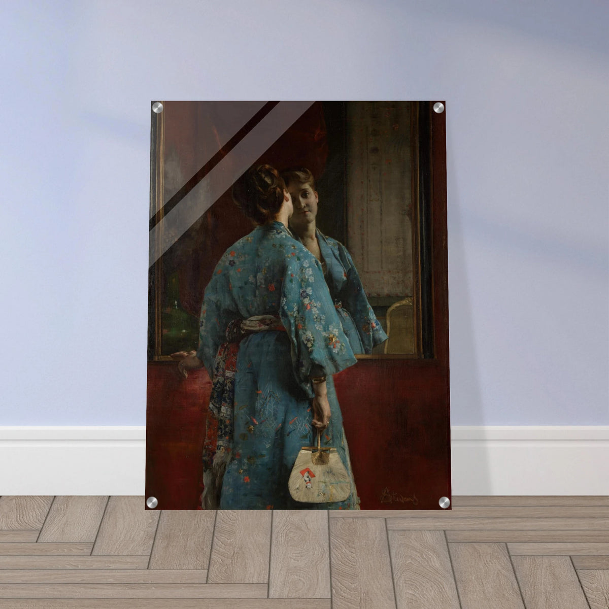 Woman in a blue floral kimono faces a mirror, holding a fan against a dark red interior.