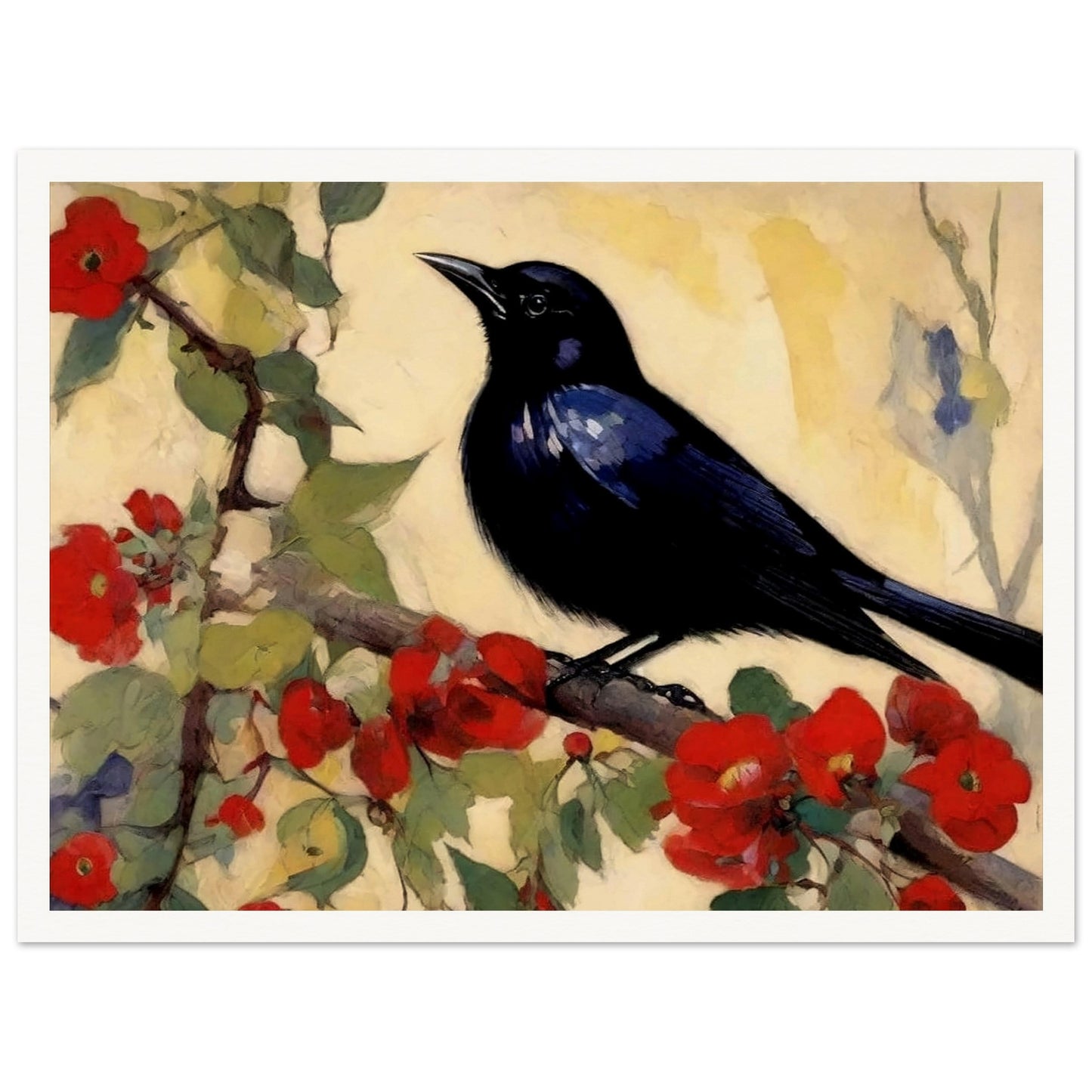 "A striking painting of a blackbird perched on a branch with vibrant red blossoms and green leaves, set against a soft, light background."