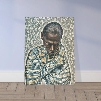 A detailed and contemplative portrait of a man wrapped in a patterned garment, head bowed, surrounded by swirling textures and floral patterns, conveying deep introspection and serenity.