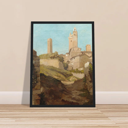Medieval towers rise above San Gimignano’s sunlit hill town and rough path under a pale blue sky.