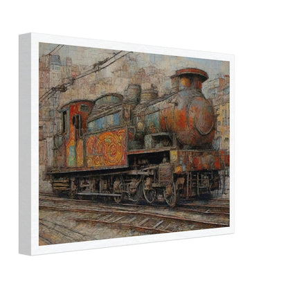 "A detailed painting of a colorful, weathered steam locomotive in an urban setting, showcasing intricate patterns and a sense of nostalgia for vintage travel."