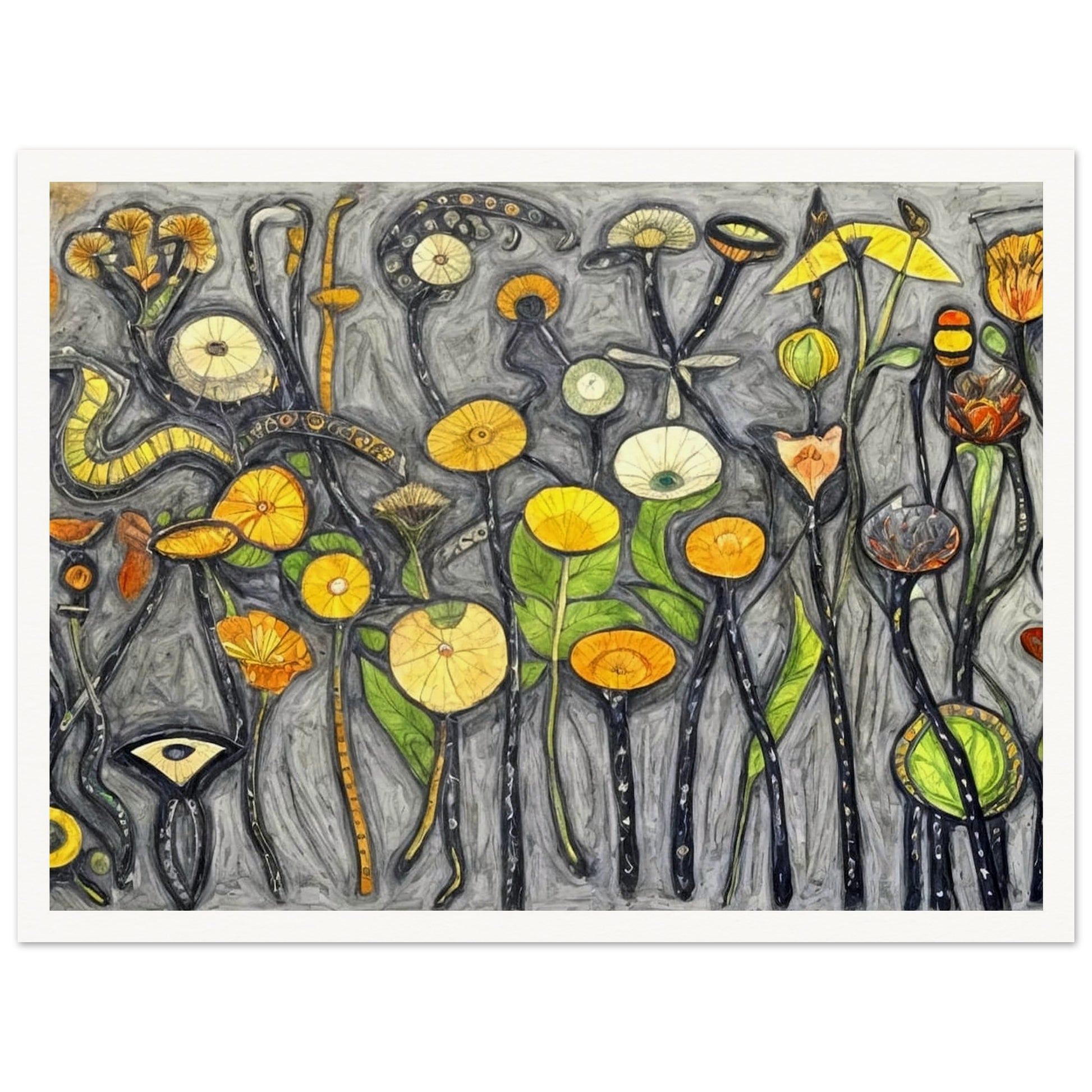 A whimsical painting of abstract flowers and plants in vibrant shades of yellow, orange, and green, set against a textured gray background.