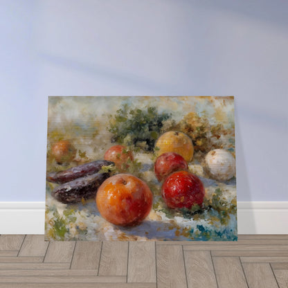 A realistic still life of assorted fruits, including apples, oranges, and eggplants, arranged with leafy greens in soft natural light.
