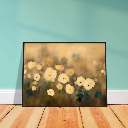A dreamy floral painting featuring delicate white blossoms scattered across a softly blurred golden-beige background, accented with muted green and blue foliage.