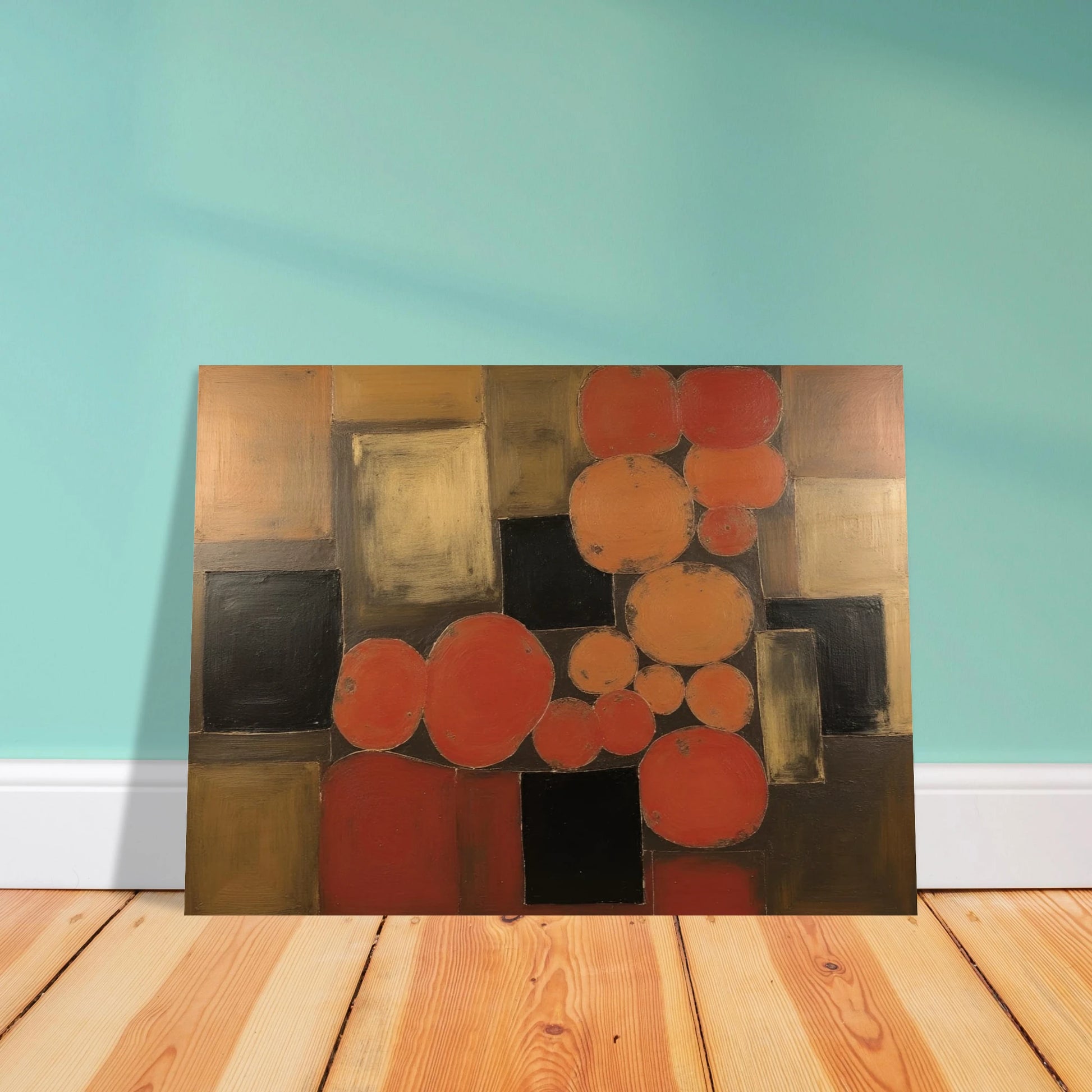 Warm orange and brown circles overlap dark squares in a geometric field, creating a rhythmic balance of earth tones and light.