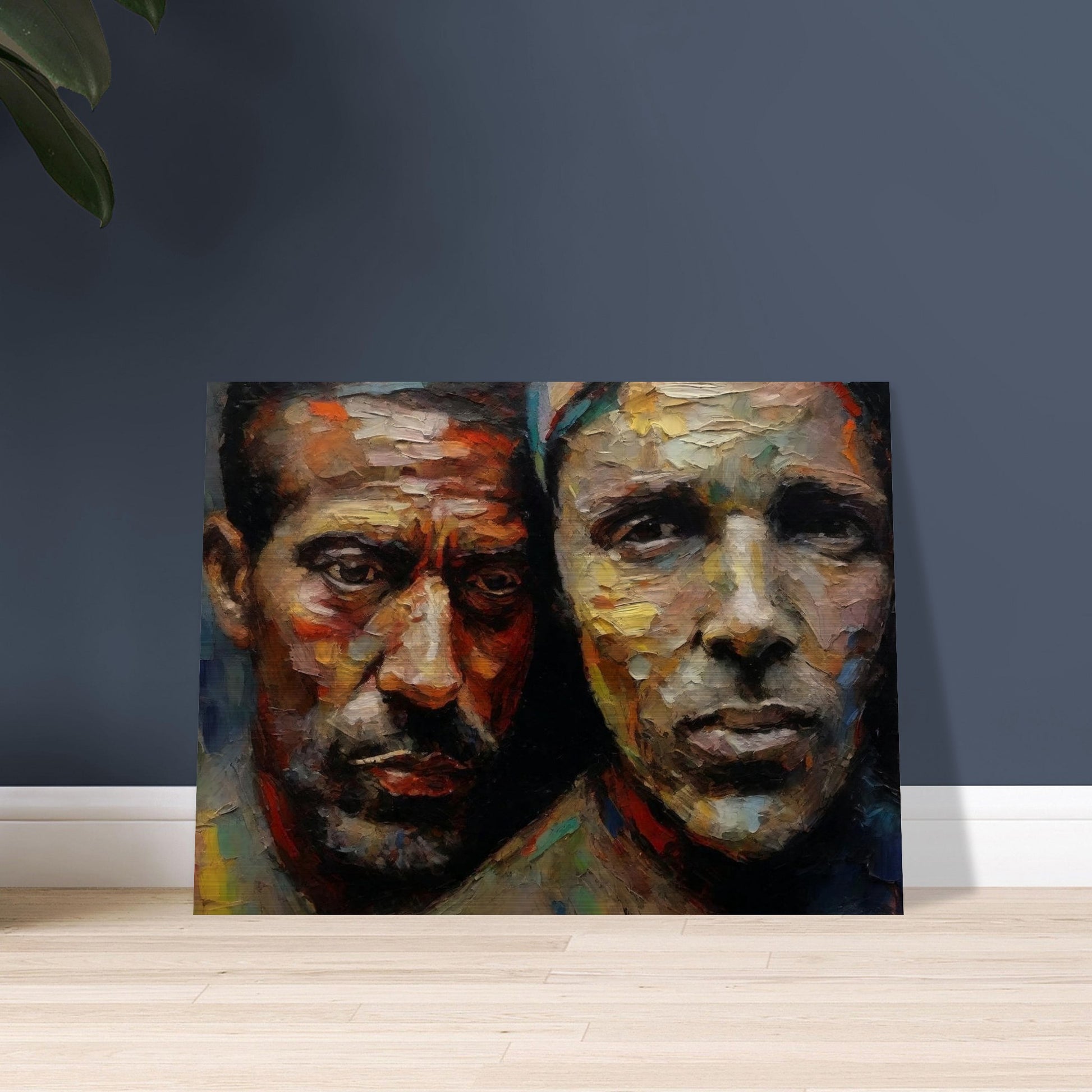 A powerful oil painting of two men with expressive, textured faces, capturing emotions and depth through vibrant brushstrokes.