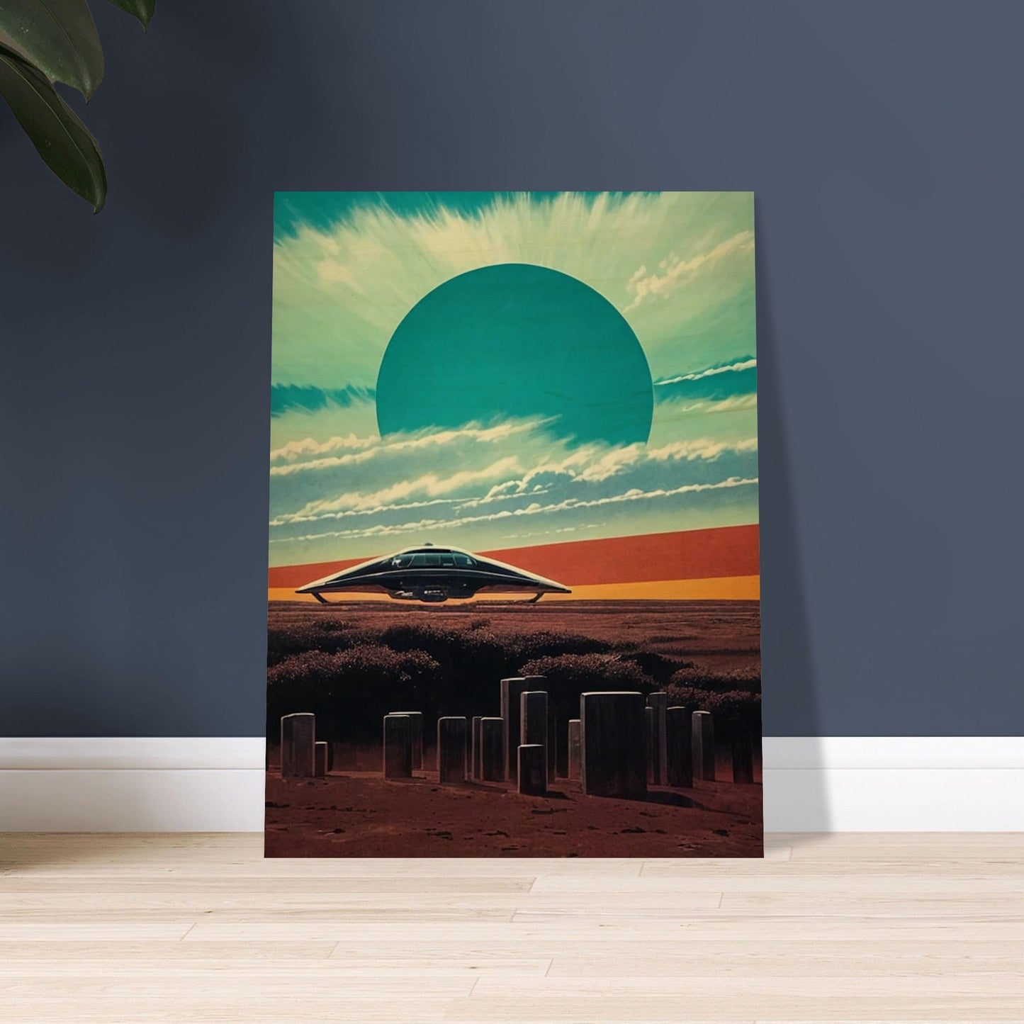 A futuristic landscape with a sleek spaceship hovering above a barren terrain, under a massive sunburst sky with a large teal sun dominating the horizon.