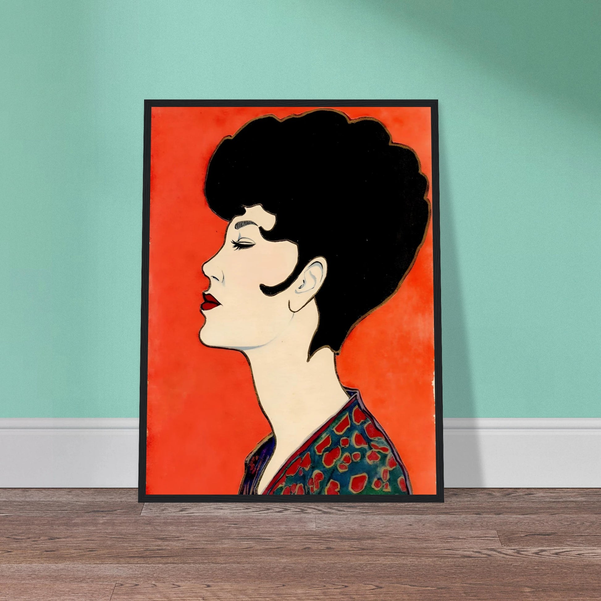 Elegant side-profile portrait of a woman with sculpted dark hair, vivid red lips, and patterned attire set against a radiant scarlet backdrop.