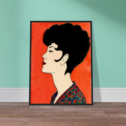 Elegant side-profile portrait of a woman with sculpted dark hair, vivid red lips, and patterned attire set against a radiant scarlet backdrop.