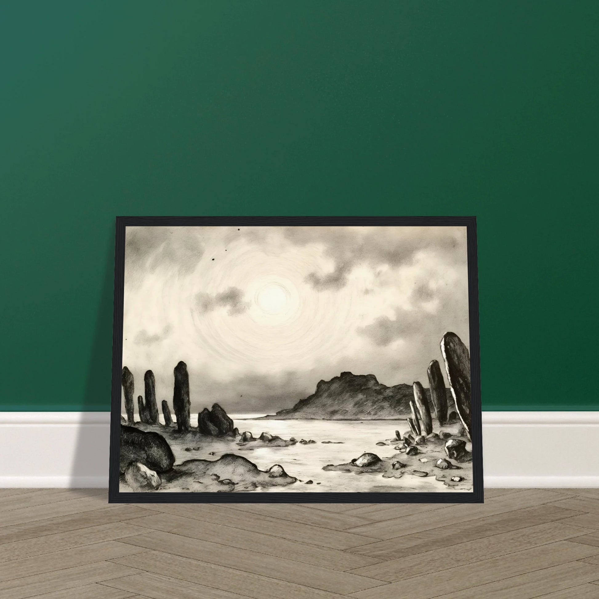 Monochrome dreamscape of towering stone formations beside a tranquil shore beneath a glowing celestial sky, evoking mystery and timeless solitude.
