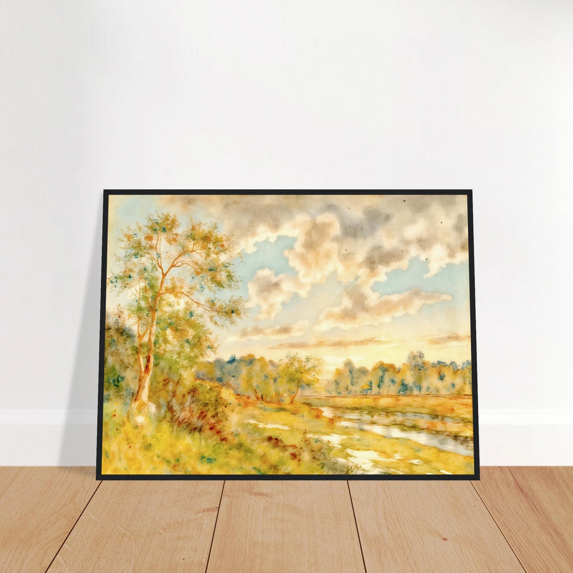 Soft golden meadow beside a reflective river beneath luminous clouds, with delicate trees and warm pastoral light in an airy landscape.
