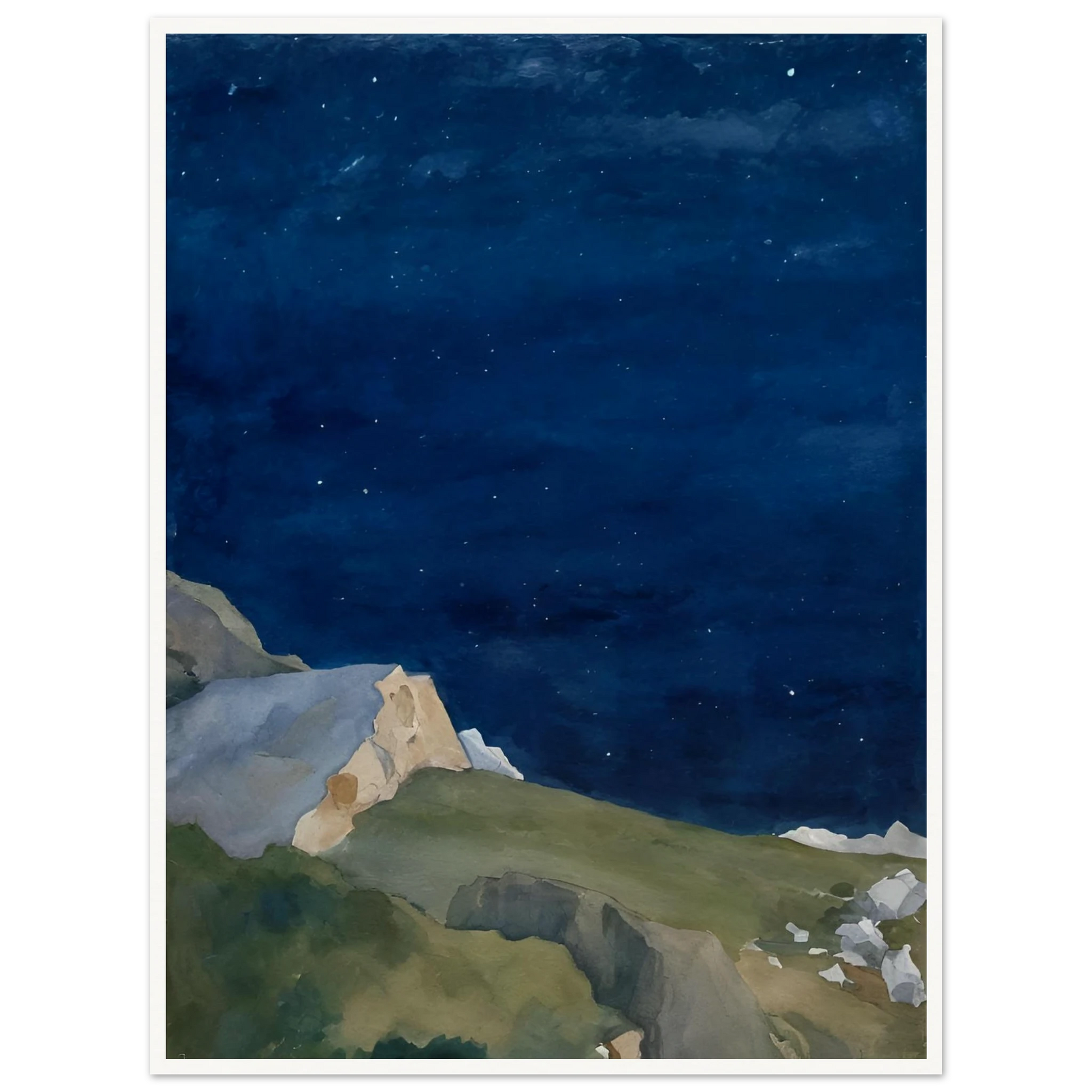 A tranquil night scene of rocky cliffs under a starlit indigo sky, evoking solitude and quiet wonder.