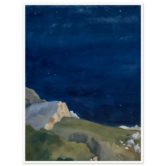 A tranquil night scene of rocky cliffs under a starlit indigo sky, evoking solitude and quiet wonder.