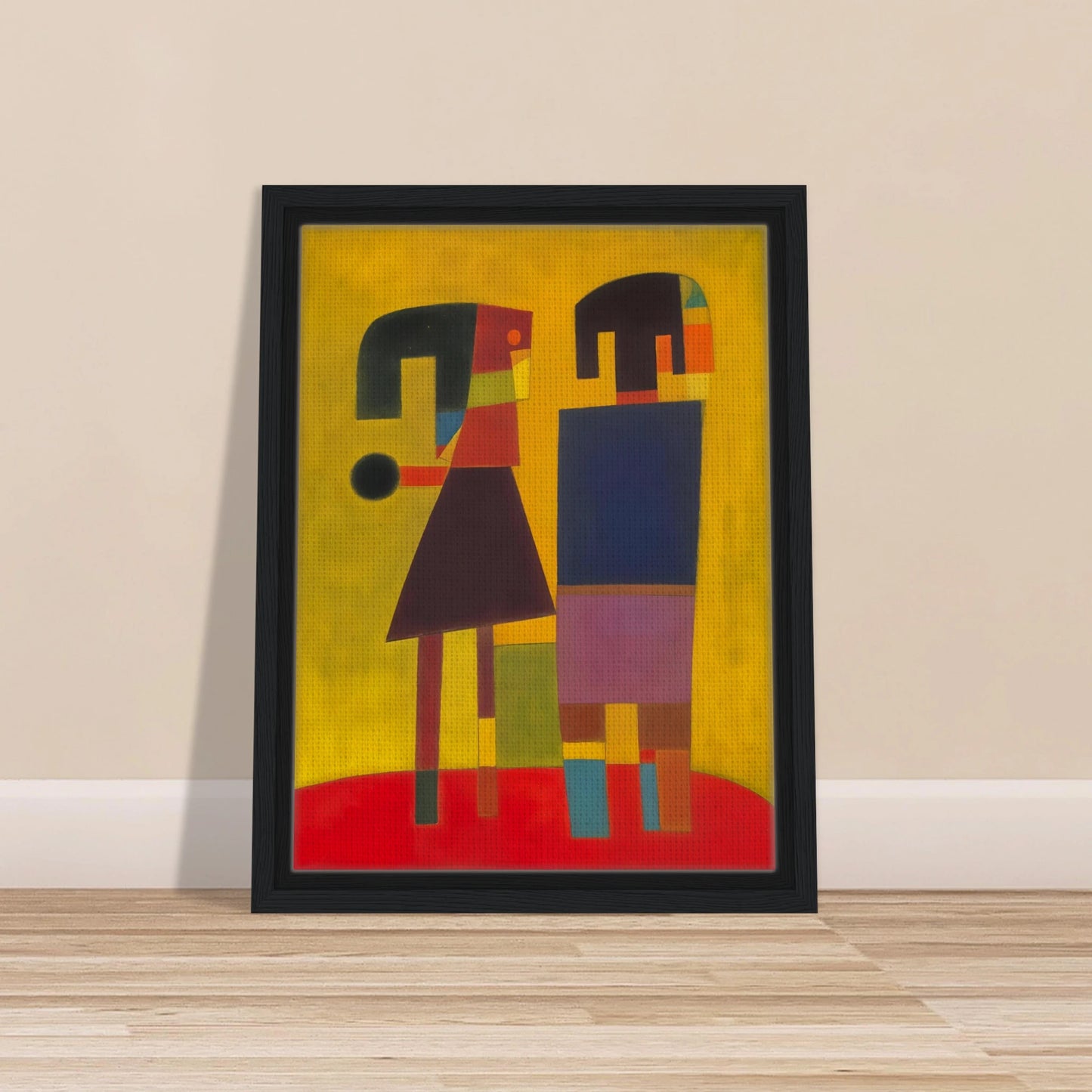 Two stylized figures in bold geometric shapes stand on a red floor against a golden background, evoking quiet connection.