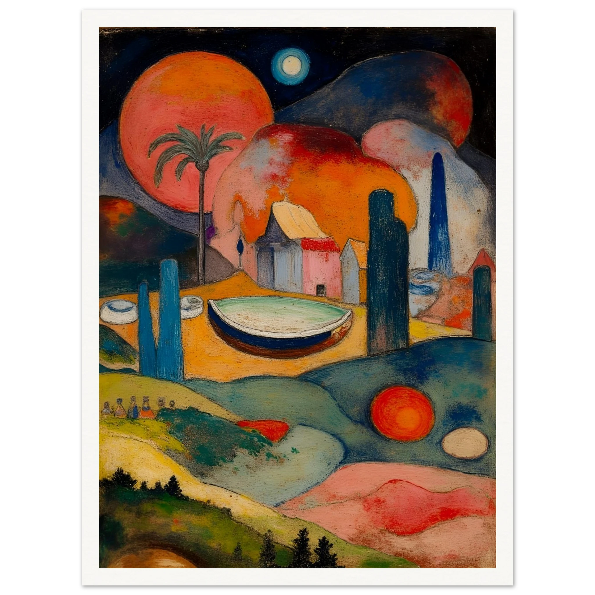 A surreal fantasy landscape featuring colorful geometric buildings, a small boat, rolling hills, glowing celestial spheres, and a palm tree beneath a dark starry sky.
