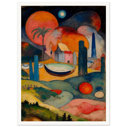 A surreal fantasy landscape featuring colorful geometric buildings, a small boat, rolling hills, glowing celestial spheres, and a palm tree beneath a dark starry sky.