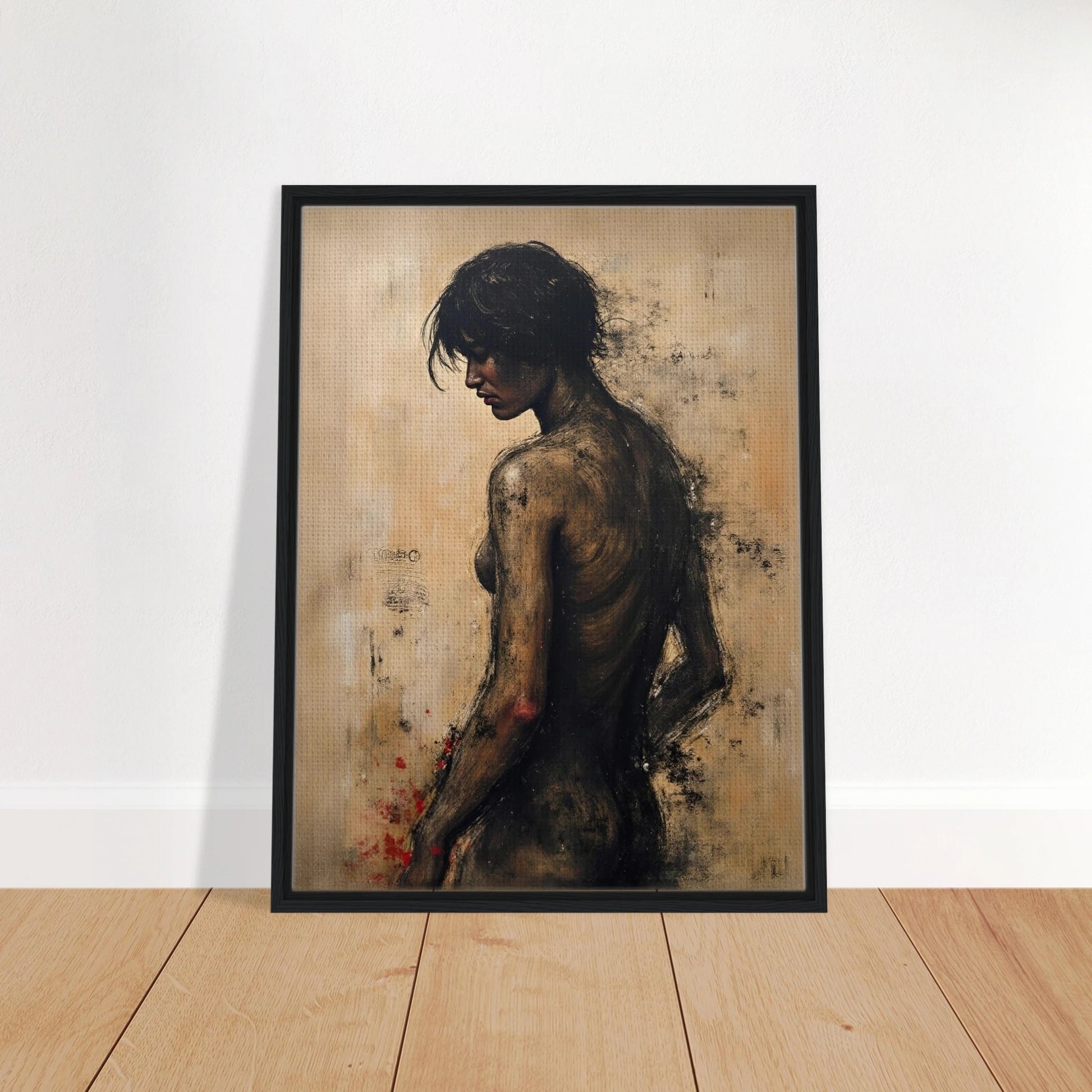 A somber portrait of a woman’s back in earthy tones, her figure turned in quiet reflection against a textured background.