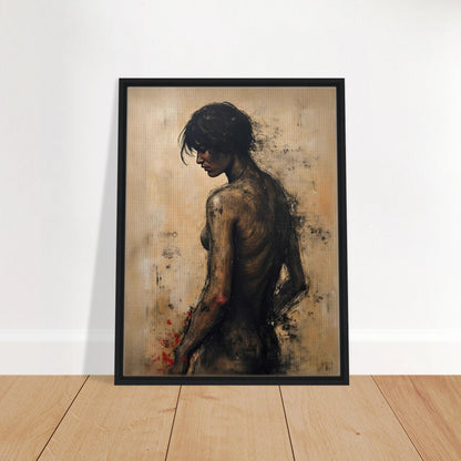 A somber portrait of a woman’s back in earthy tones, her figure turned in quiet reflection against a textured background.