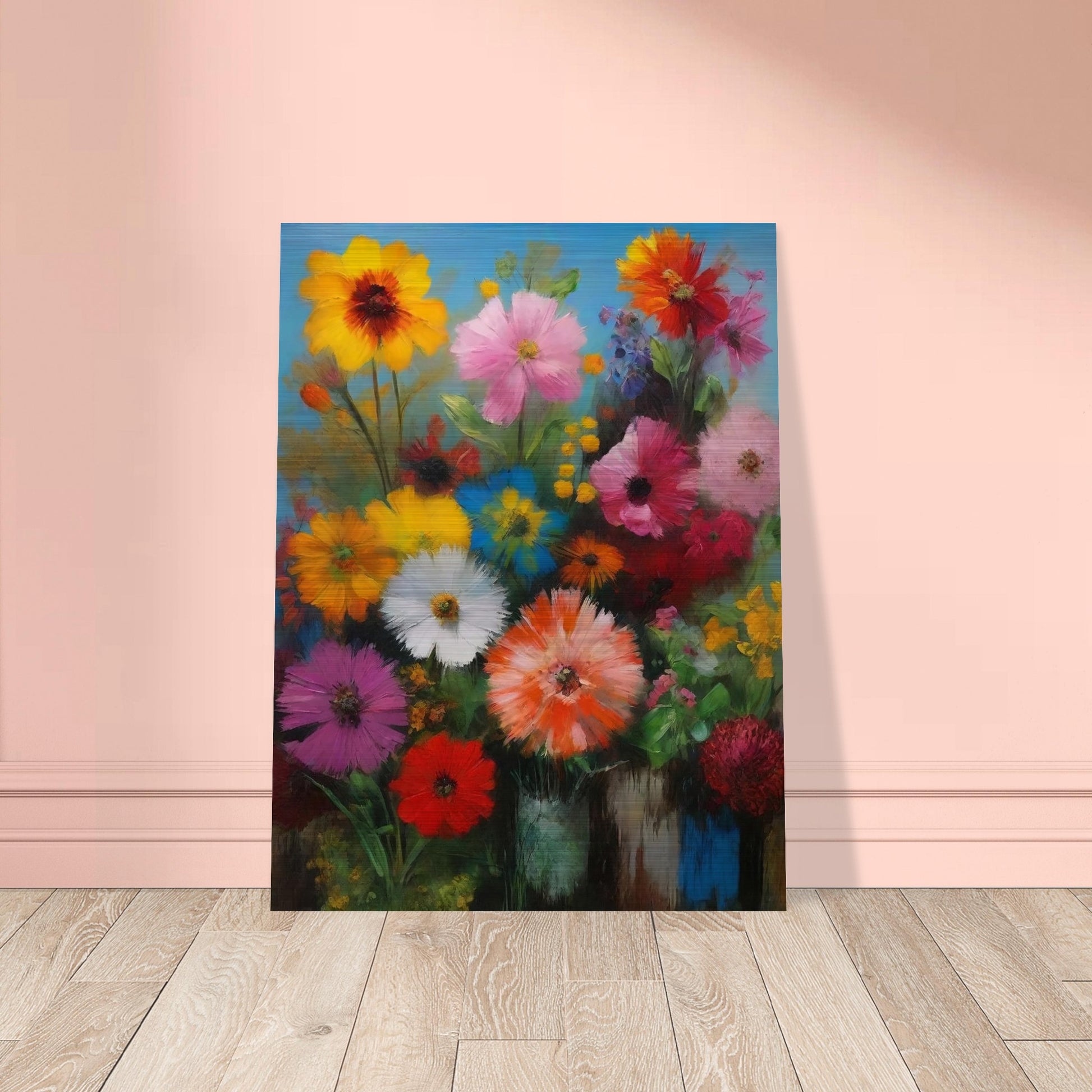 A colorful bouquet of various flowers in full bloom set against a bright blue background, showcasing a mix of vibrant hues.