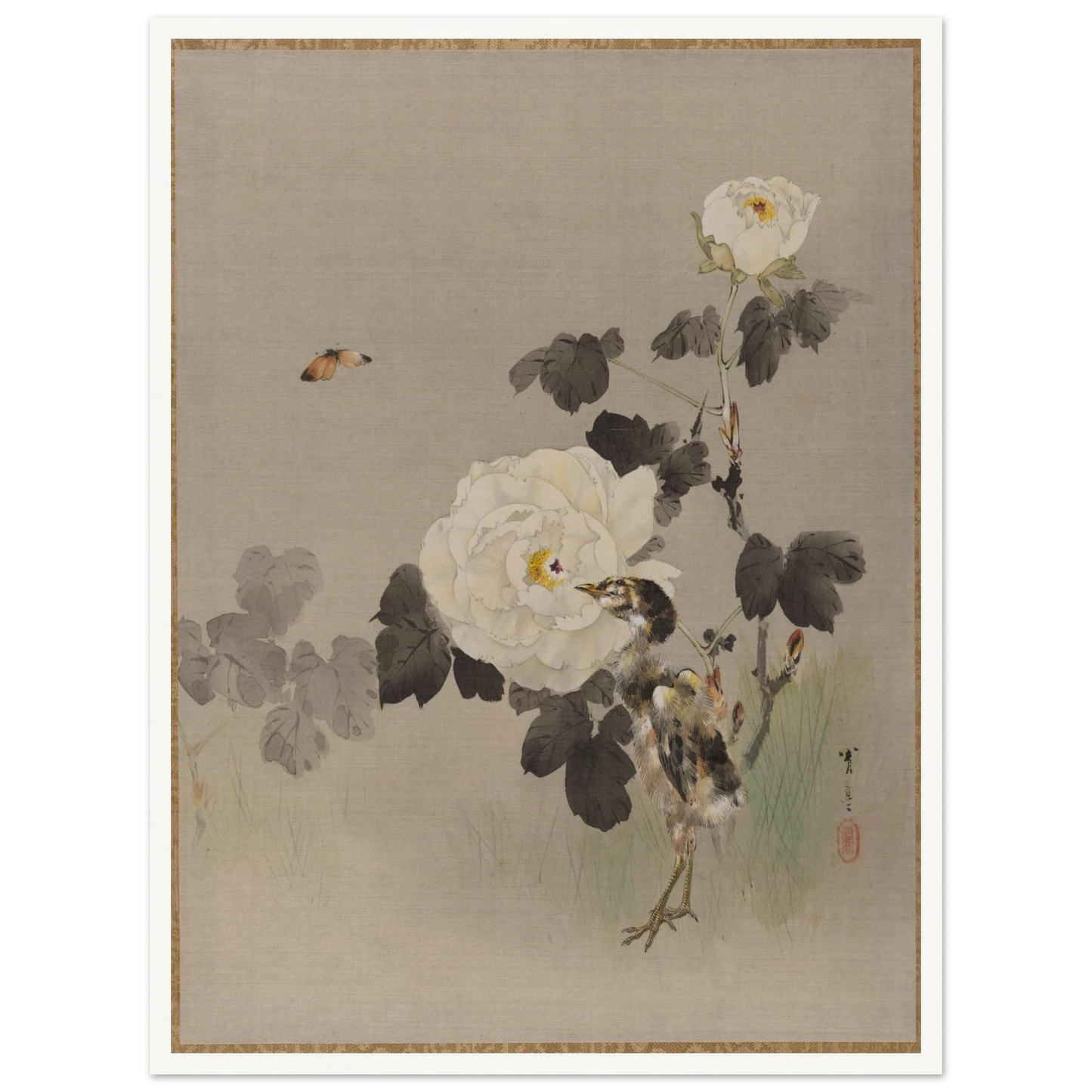 Young bird stands beside white roses as a butterfly flies across a pale silk background