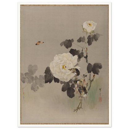 Young bird stands beside white roses as a butterfly flies across a pale silk background