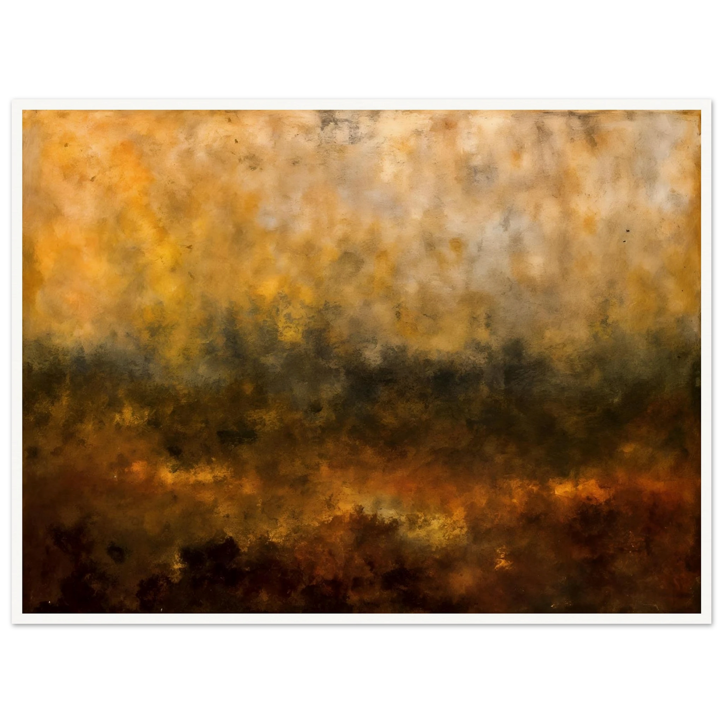 A moody forest silhouette emerges through golden mist and smoky amber tones, blending shadowy trees with glowing autumn light.