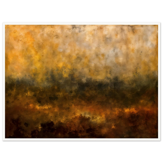 A moody forest silhouette emerges through golden mist and smoky amber tones, blending shadowy trees with glowing autumn light.
