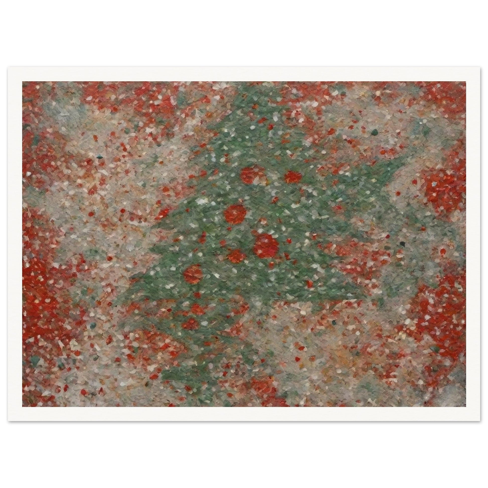 A textured artwork featuring a subtle Christmas tree shape in green, surrounded by red and white festive hues, creating a wintery charm.