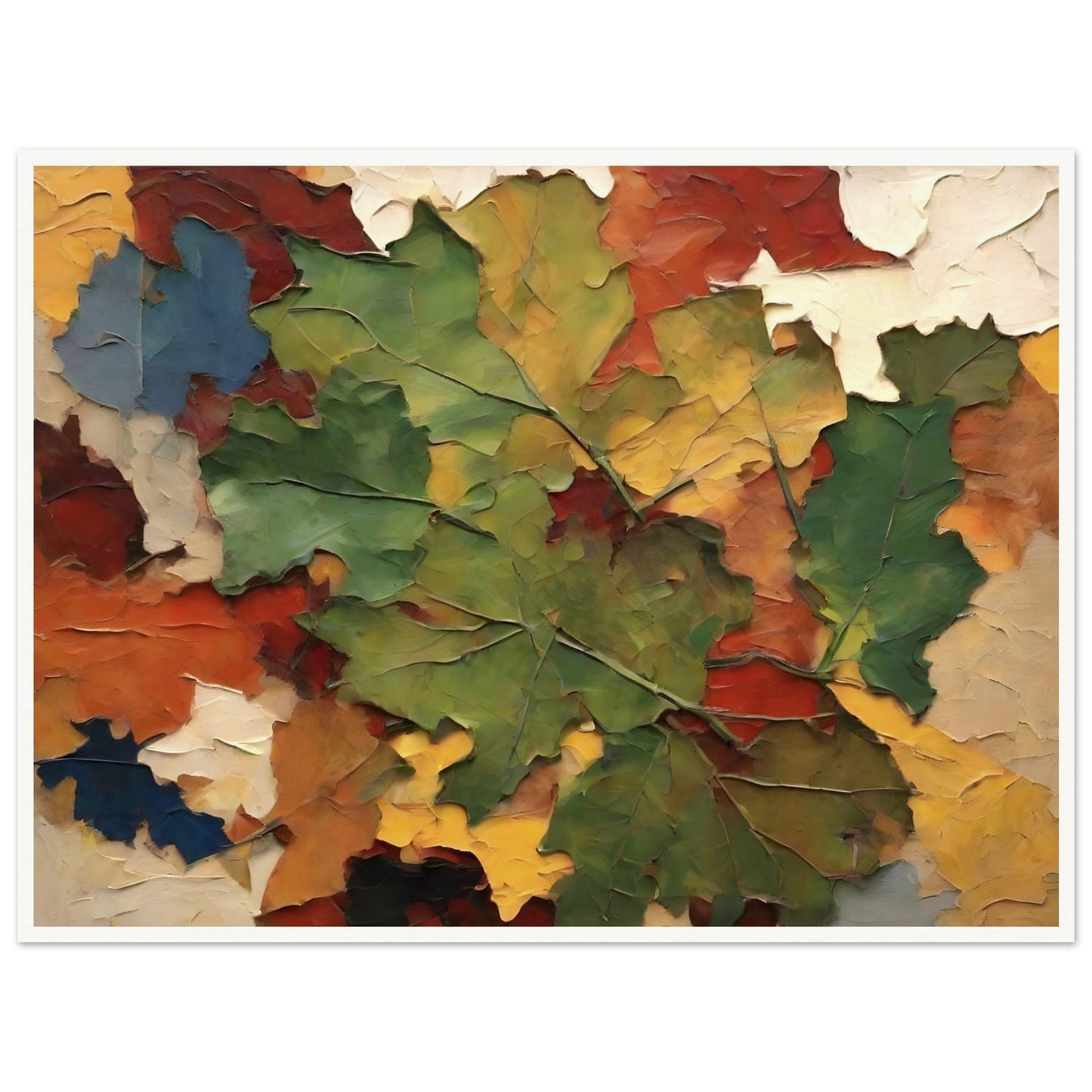 A textured painting of autumn leaves in vibrant shades of green, yellow, red, and orange, arranged in a layered, dynamic composition.