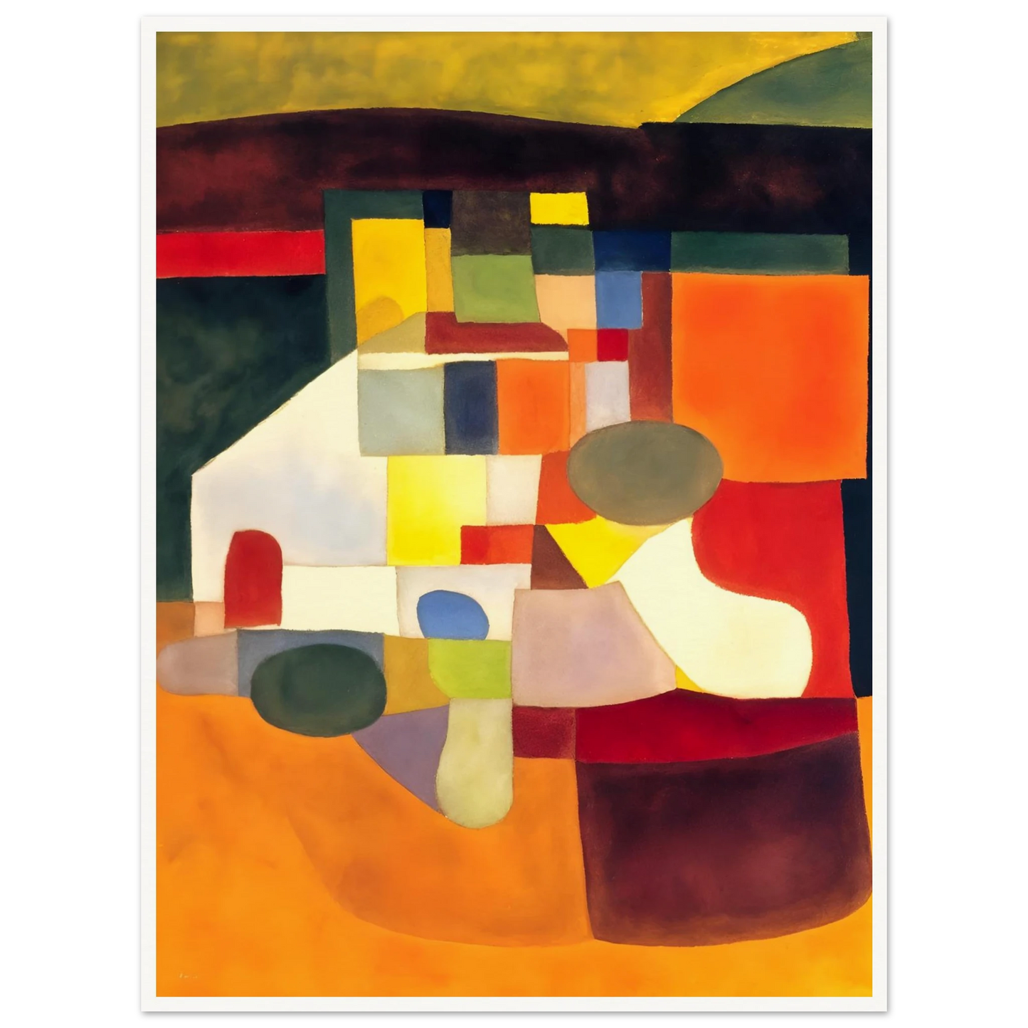 A cubist-inspired artwork of bold orange, yellow, and green shapes forming an abstract landscape of color and form.