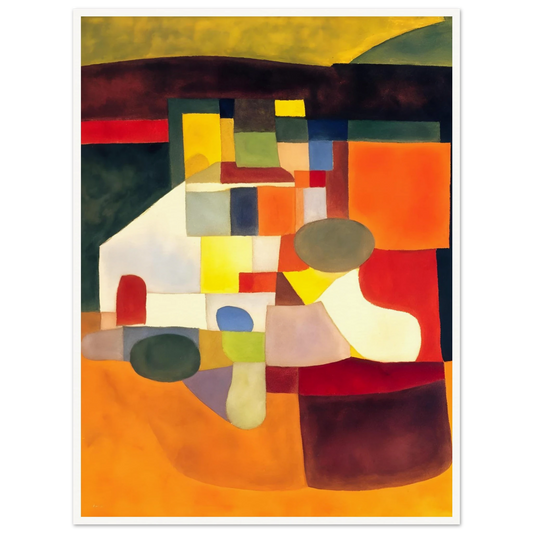 A cubist-inspired artwork of bold orange, yellow, and green shapes forming an abstract landscape of color and form.
