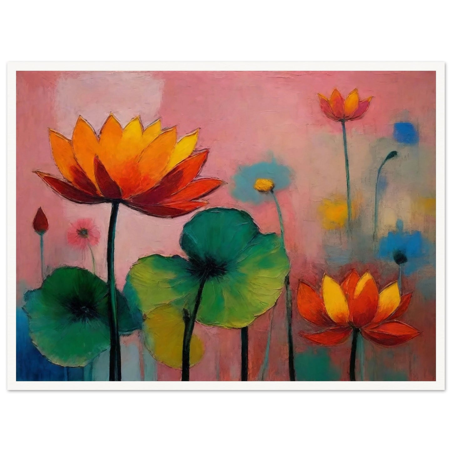Colorful painting of blooming lotus flowers with vivid orange, red, and green hues against a soft pink and blue background.