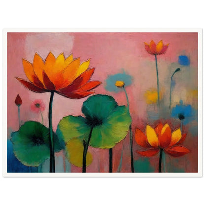Colorful painting of blooming lotus flowers with vivid orange, red, and green hues against a soft pink and blue background.