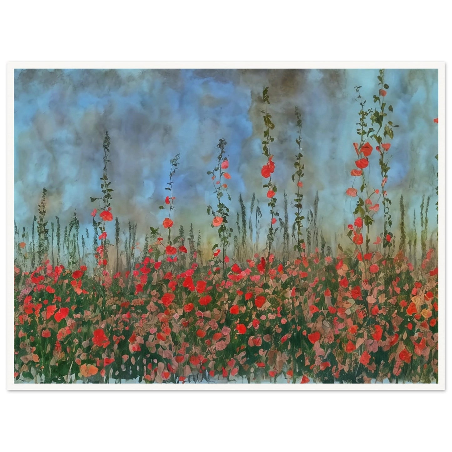 A serene landscape of tall wildflowers with red blooms against a cloudy blue sky, evoking a peaceful and natural atmosphere.