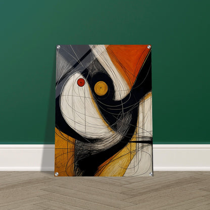 An abstract artwork featuring bold black, white, and orange shapes with dynamic, swirling lines and circular accents in red and yellow.