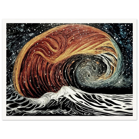 A dynamic and surreal composition of a massive wave crashing beneath swirling cosmic skies, blending elements of space and the ocean in bold colors of orange, black, and white.