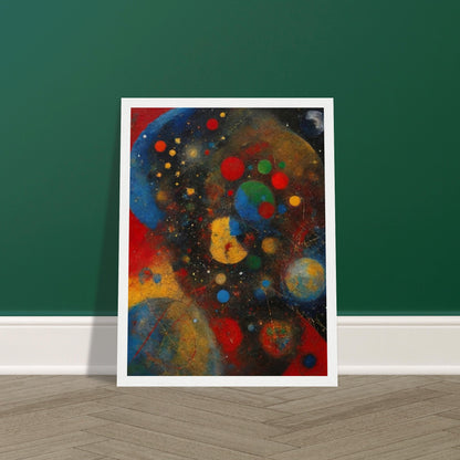 An abstract painting with vibrant colors and shapes, depicting a cosmic scene filled with celestial bodies.