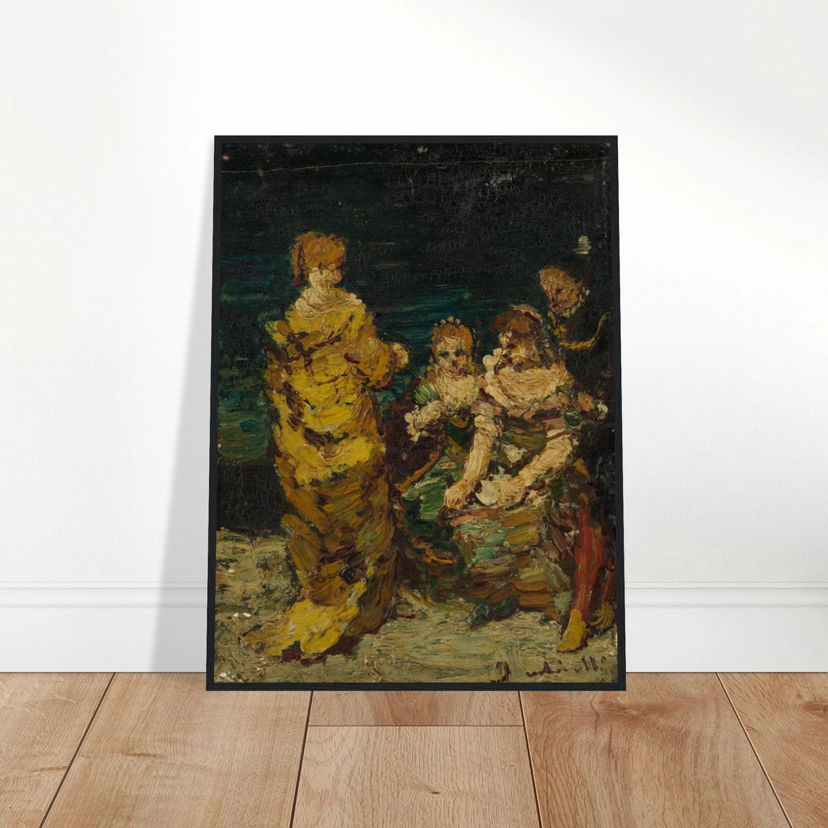 Four figures in rich period dress gather against a dark background with thick expressive brushwork.